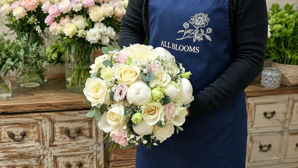 Florist holding a hand-tied cream bridal bouquet at All Blooms Florist, Dublin