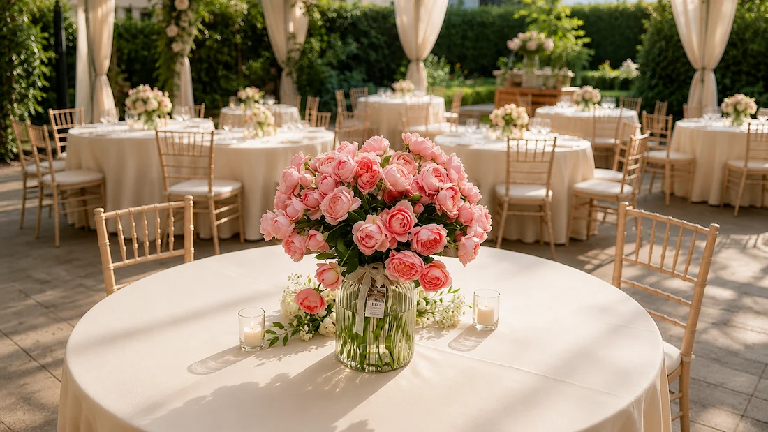 Pink rose centrepiece on a reception table at a garden wedding