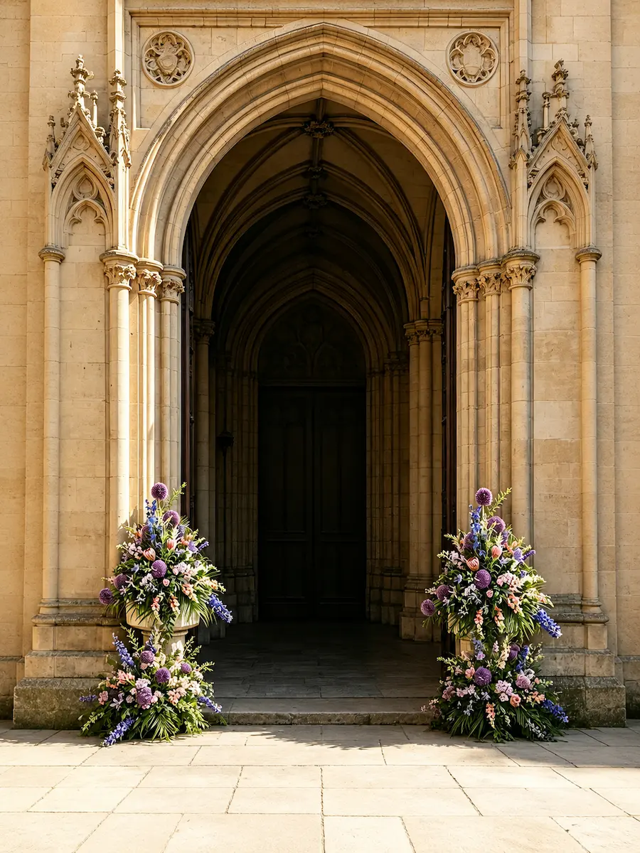 Large floral urn arrangements flanking a cathedral doorway in Dublin