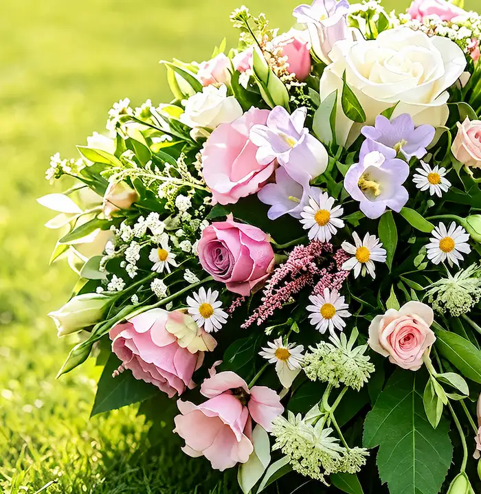 Soft pastel sympathy bouquet with roses and daisies