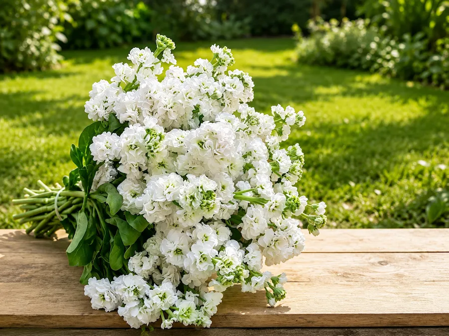 White hand-tied funeral bouquet resting on a garden bench