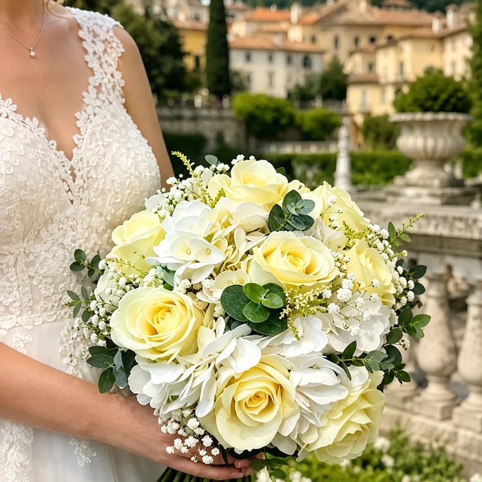 Bride holding a yellow and ivory rose wedding bouquet in a garden